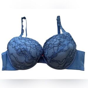 Cacique Underwire Deep Cleavage Lace Embroidered Bra 44C Blue